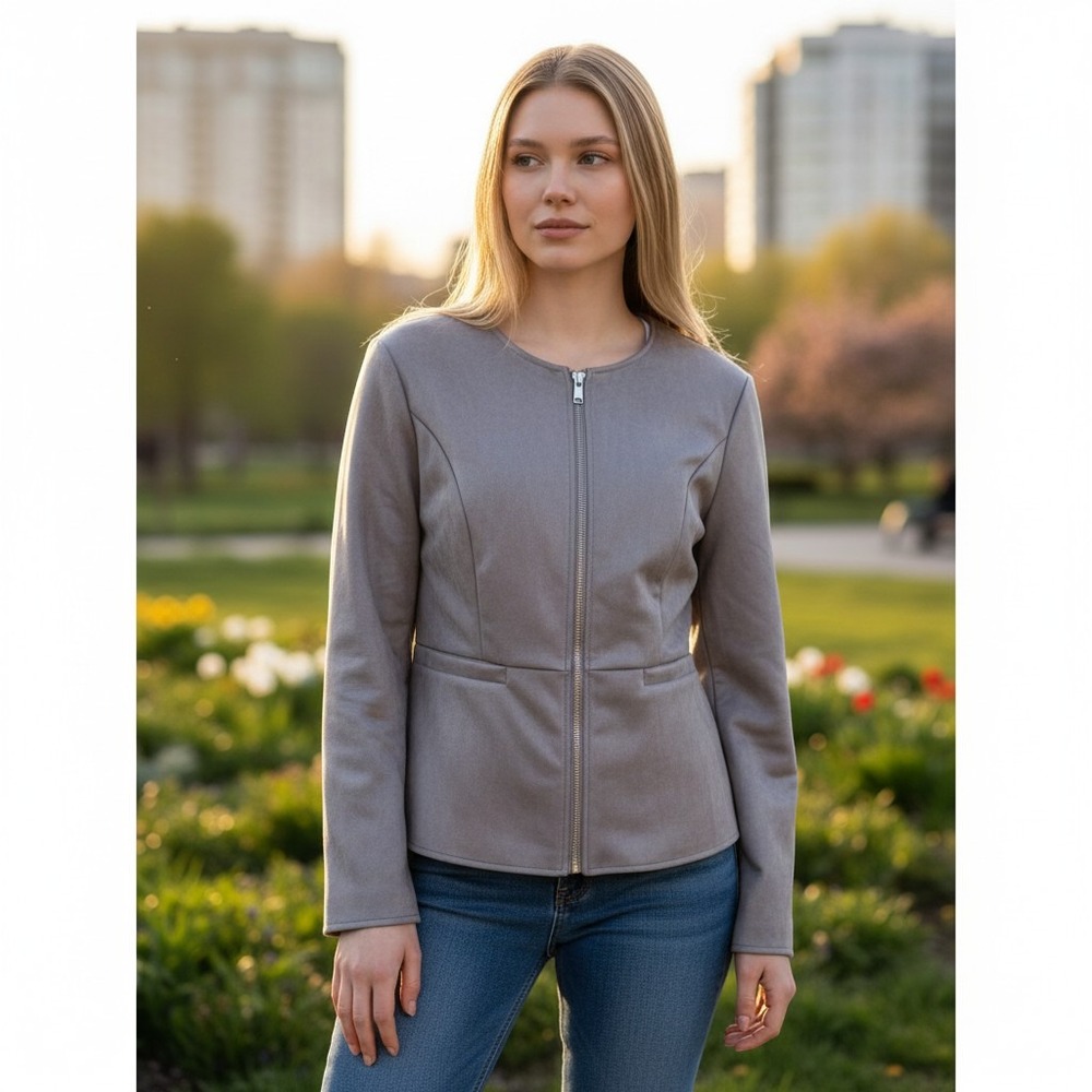 Taupe Faux Suede Jacket Zip Front Bell Sleeve Collarless Grey Blazer/ #3132‎